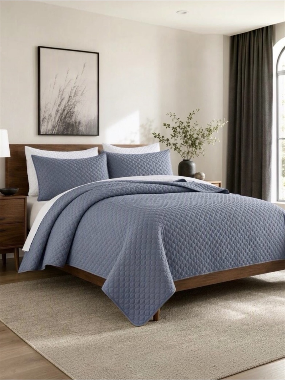 NEW West Elm Dusty Blue Ultra Soft Quilted Queen / King Bedding Quilt & Sham Set